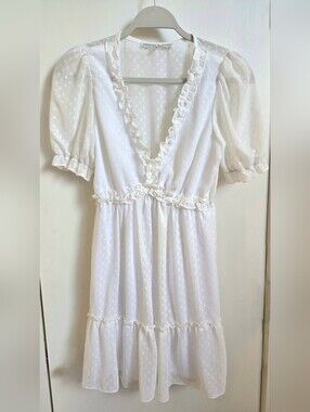 Allison & Kelly White Swiss Dot Ruffle Wrap Mini Dress